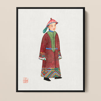 Framed Watercolor Painting Traditional Chinese Figure Ornate Red Qing Dynasty Dandyism, Manchu Fashion Art