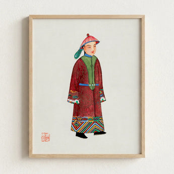 Framed Watercolor Illustration Traditional Chinese Figure Ornate Red Qing Dynasty Dandyism, Manchu Fashion Art