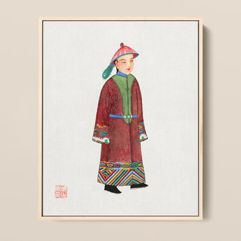Framed Watercolor Portrait Traditional Chinese Figure Ornate Red Qing Dynasty Dandyism, Manchu Fashion Art