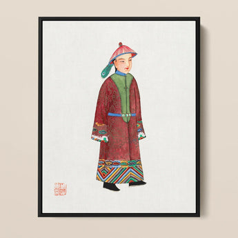 Dandy - Qing Dynasty Art Print / Canvas Framed Watercolor Painting Traditional Chinese Figure Ornate Red Qing Dynasty Dandyism, Manchu