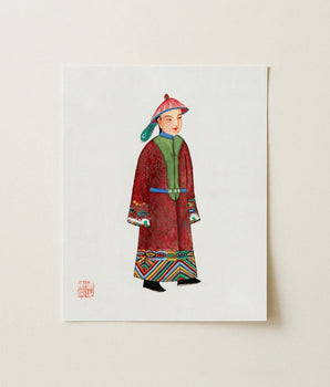 Watercolor Illustration Print Young Man Traditional Chinese Imperial Qing Dynasty Dandyism, Manchu Fashion Art