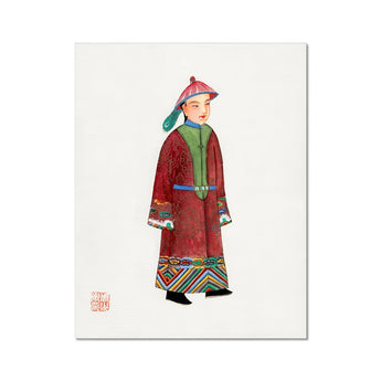 Dandy - Qing Dynasty Art Print, Traditional Chinese Illustration Figure Red Robe Geometric Border