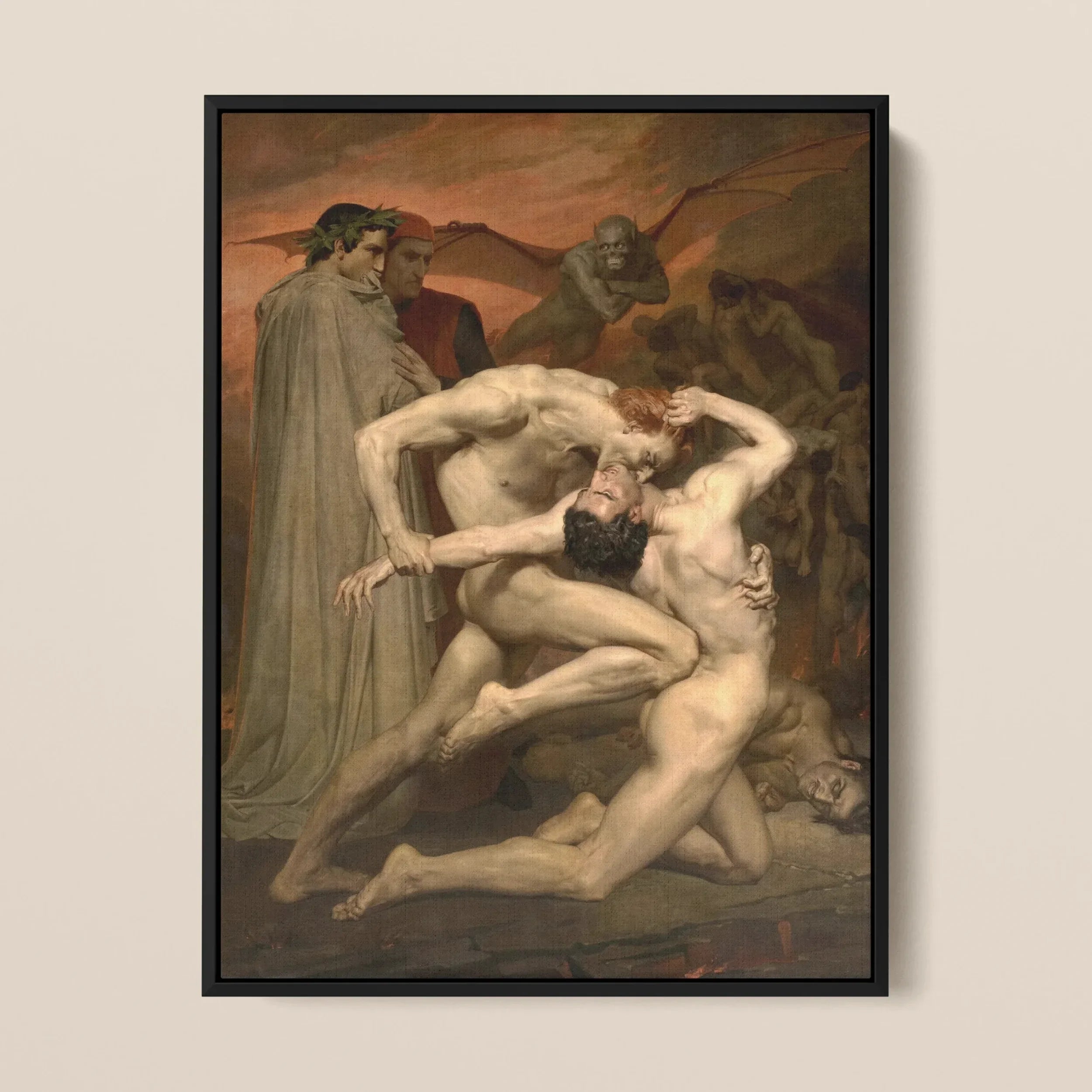 Dante and Virgil - William-adolphe Bouguereau Framed Canvas, Classical Painting Nude Figures Dramatic Twisted Pose Robed