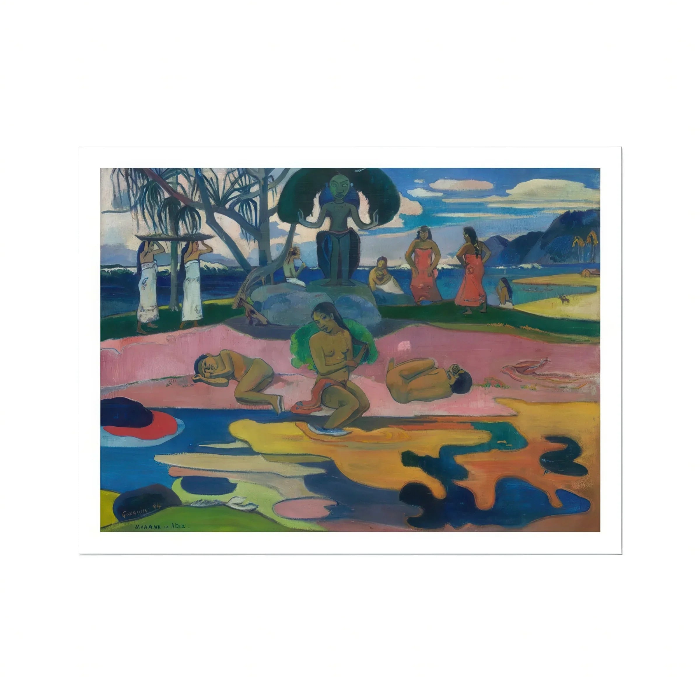 Day of the God Paul Gauguin Art Print, Colorful Post Impressionist Painting Figures Tropical Landscape Pink Yellow