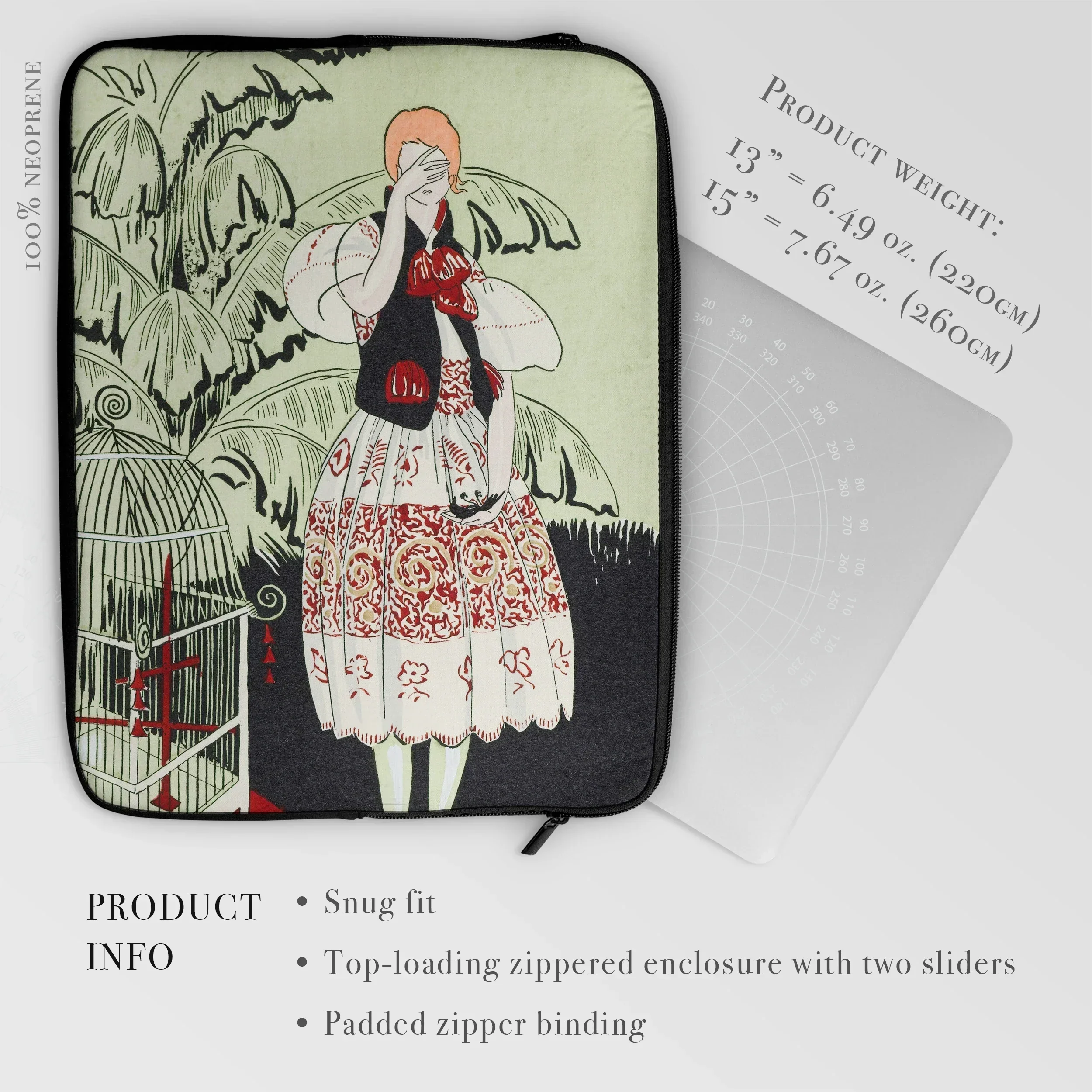 The Dead Bird - Gazette Du Bon Ton Laptop Sleeve, Laptop Sleeve Art Deco-style Illustration Woman Traditional Dress
