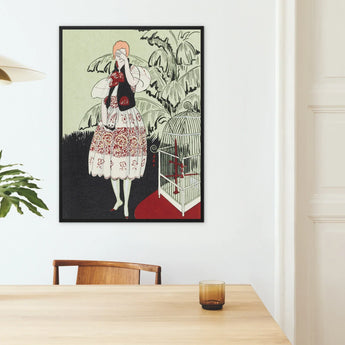The Dead Bird - La Gazette Du Bon Ton 1920s Art Print / Canvas Framed Art Deco-style Illustration Woman White Red Floral Captivating