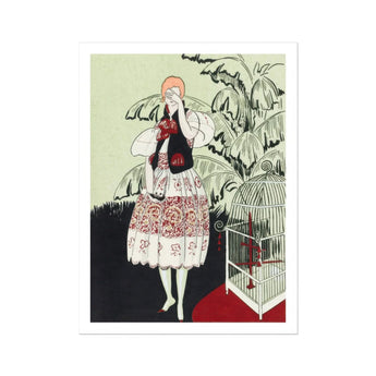 The Dead Bird - La Gazette Du Bon Ton 1920s Art Print, Art Deco-style Illustration Woman Floral Dress Birdcage