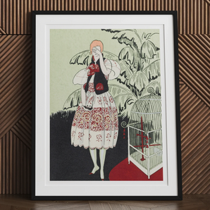 The Dead Bird - La Gazette Du Bon Ton 1920s Art Print, Framed Artwork Stylized Woman Traditional Dress Birdcage