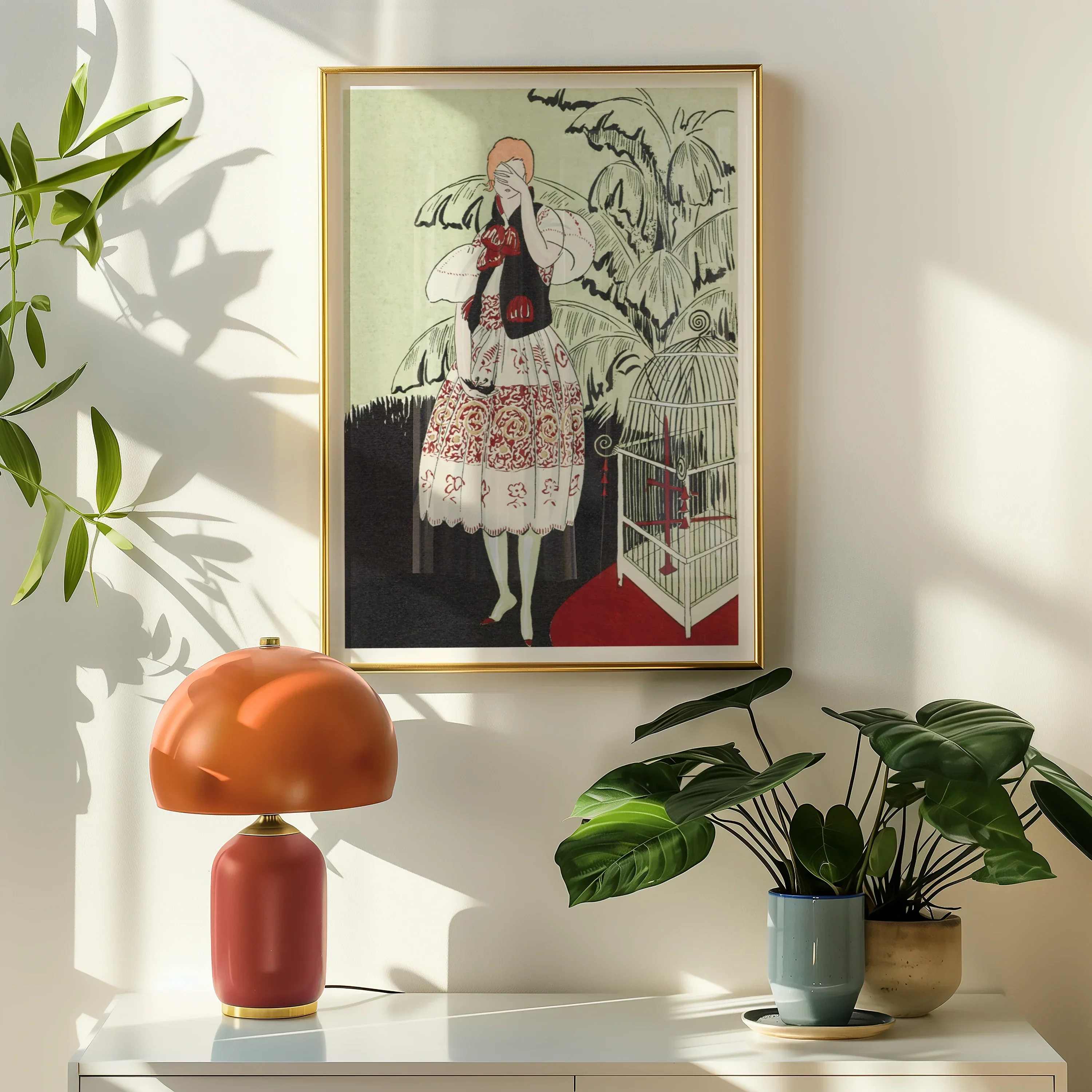 The Dead Bird La Gazette Du Bon Ton 1920s Art Print, Framed Vintage Style Illustration Stylishly Dressed Woman Birdcage