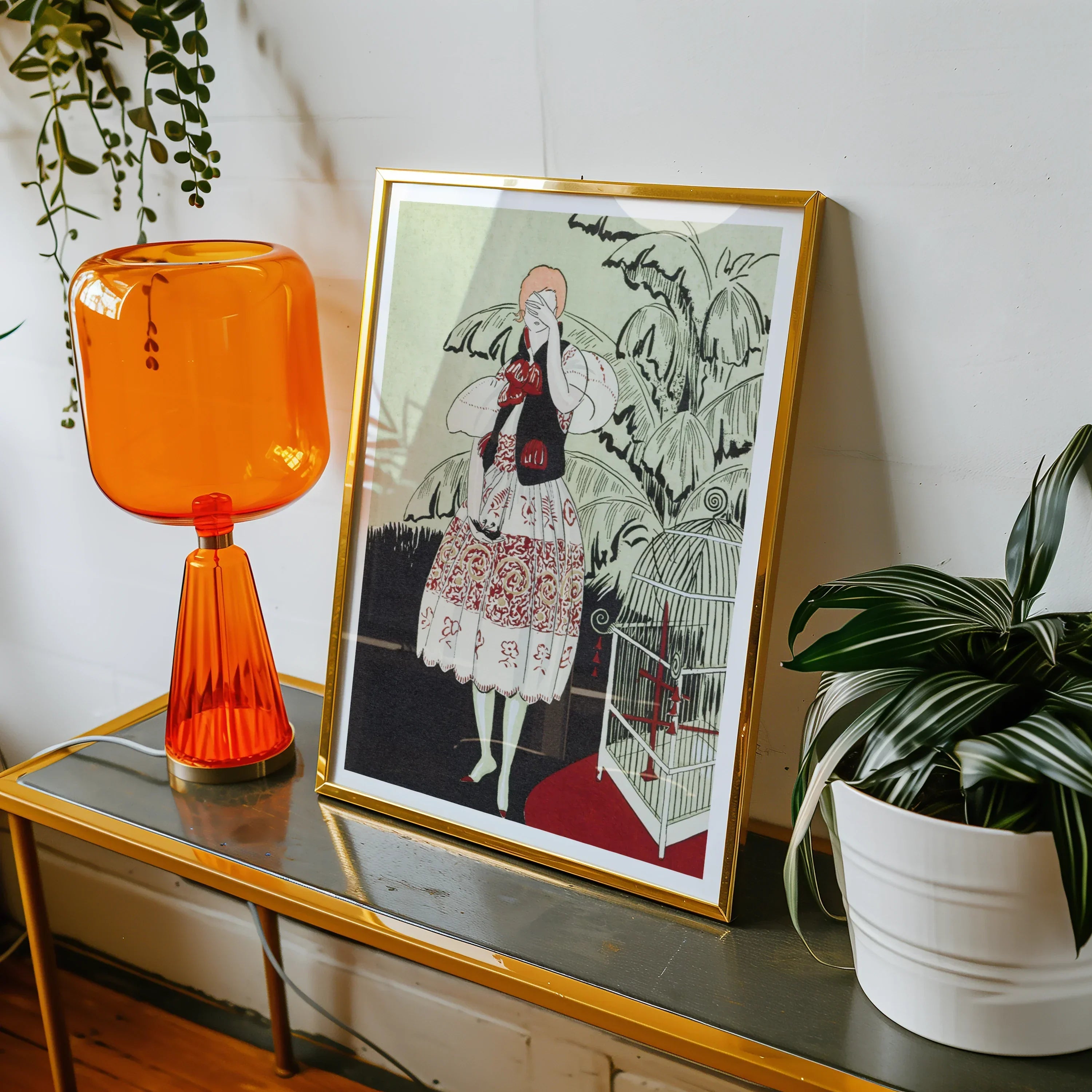 The Dead Bird La Gazette Du Bon Ton 1920s Art Print, Framed Vintage Style Illustration Stylishly Dressed Woman Plants Birdcage