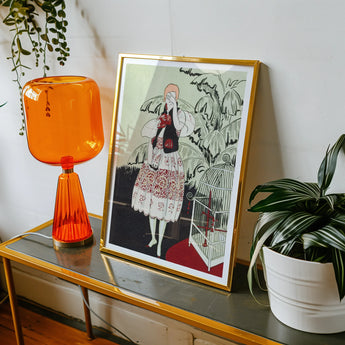 The Dead Bird - La Gazette Du Bon Ton 1920s Art Print, Framed Vintage-style Illustration Stylishly Dressed Woman Plants Birdcage
