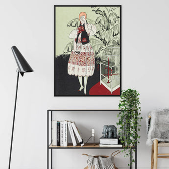 The Dead Bird - La Gazette Du Bon Ton Framed Canvas, Art Print Deco-style Illustration Figure Decorative Dress Birdcage