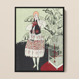 The Dead Bird - La Gazette Du Bon Ton Framed Canvas, Stylized Illustration Woman 1920s Fashion Birdcage