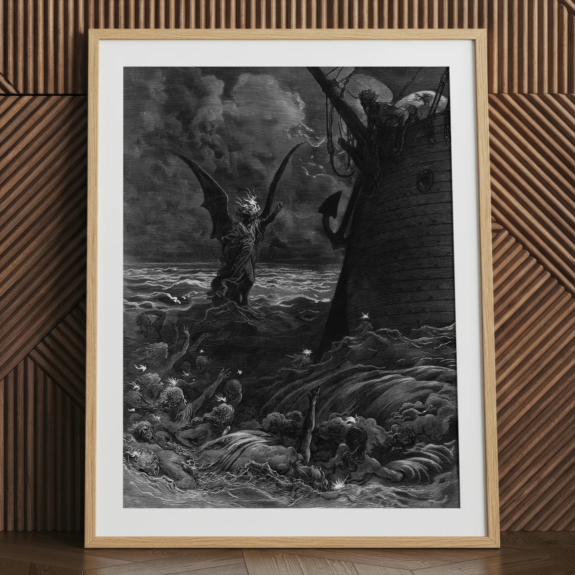 Death-fires Dancing Around the Becalmed Ship - Gustave Dore Art Print, 24x32’’ / 61x81cm / Natural Frame / 2’’ Matboard, Framed Black White