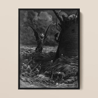 Death-fires Dancing Around the Becalmed Ship - Gustave Dore Art Print / Canvas Black-framed Winged Figure Turbulent Seas Ship Rendered