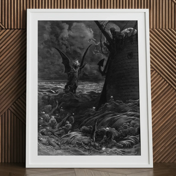 Death-fires Dancing Around the Becalmed Ship - Gustave Dore Art Print / Canvas Framed Black White Artwork Winged Demon Stormy Sea Gustave