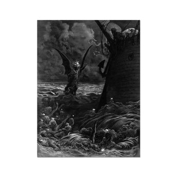 Death-fires Dancing Around the Becalmed Ship - Gustave Dore Art Print, Monochromatic Winged Demon Stormy Sea Filled Figures Ship