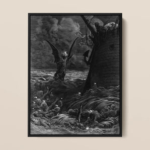Death-fires Dancing Around the Becalmed Ship - Gustave Dore Framed Canvas, 12x16’’ / 31x41cm / Black Floating Frame, Framed Black White