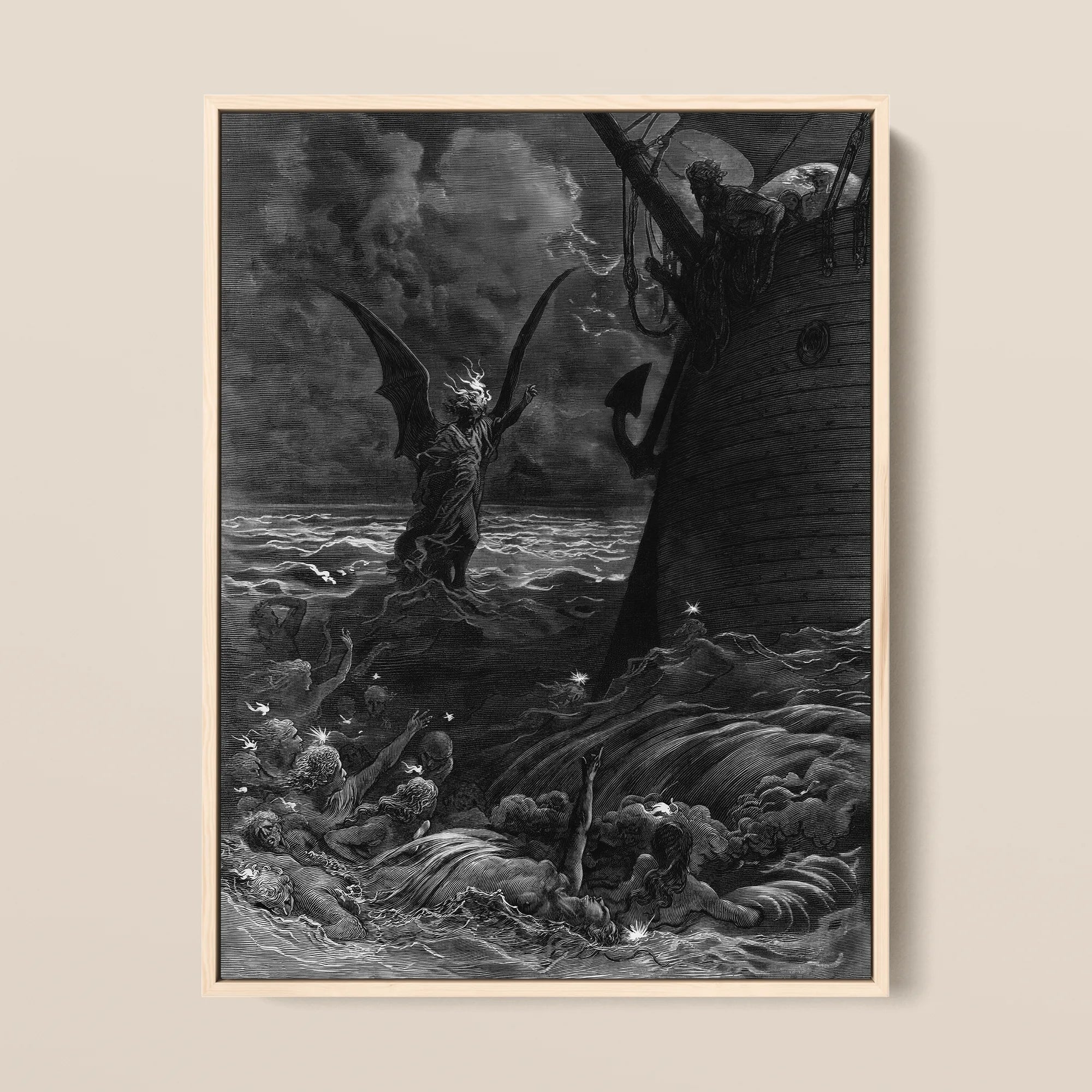 Death-fires Dancing Around the Becalmed Ship - Gustave Dore Framed Canvas, 12x16’’ / 31x41cm / Natural Floating Frame, Engraved Depiction