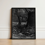 Black-framed Artwork Dramatic Monochromatic Illustration Winged Figure Amidst Gustave Dore Art, Ash Commands, Becalmed Ship
