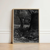 Framed Black-and-white Print Dramatic Detailed Demonic Figure Amidst Gustave Dore Art, Ash Commands, Becalmed Ship
