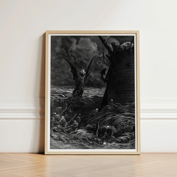Black-and-white Framed Artwork Demonic Figure Wings Horns Amidst Gustave Dore Art, Ash Commands, Becalmed Ship