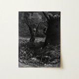 Death-fires Dancing Around the Becalmed Ship - Gustave Dore Art Print / Canvas Black-and-white Demonic Figure Wings Turbulent Ocean Waves,