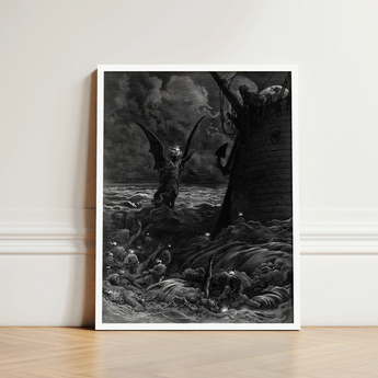 Black-and-white Framed Artwork Dramatic Scene Winged Figures Turbulent Gustave Dore Art, Ash Commands, Becalmed Ship