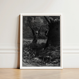 Black-and-white Framed Artwork Demonic Figure Wings Turbulent Waves Gustave Dore Art, Ash Commands, Becalmed Ship