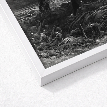 Black-and-white Framed Artwork Dramatic Detailed Figures Turbulent Waters Gustave Dore Art, Ash Commands, Becalmed Ship