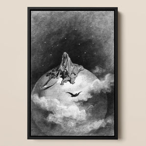 The Death - Gustave Dore Framed Canvas, 12x18’’ / 31x46cm / Black Floating Frame, Framed Black White Artwork Death Scythe Seated Celestial