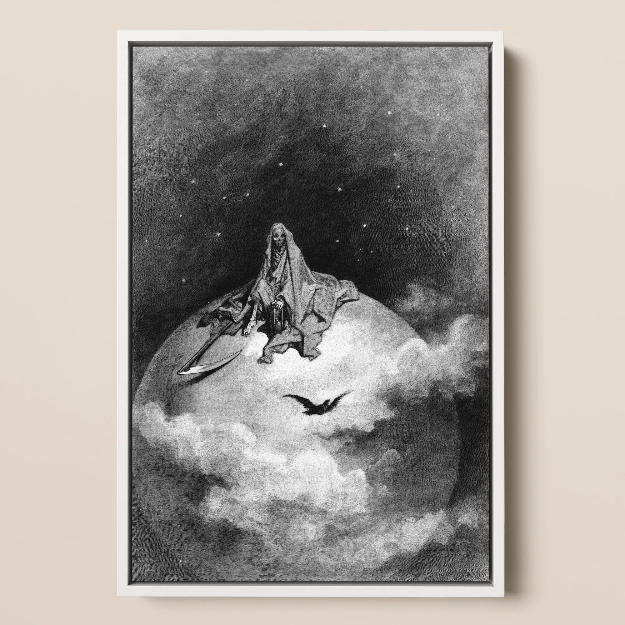 The Death - Gustave Dore Framed Canvas, 12x18’’ / 31x46cm / White Floating Frame, Framed Black White Artwork Cloaked Skeletal Figure Scythe
