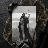 Death - Sascha Schneider Art Print / Canvas Black-and-white Photographic Horned Cloaked Figure Staff, Shapes Mortality, Skull-helmet Glares