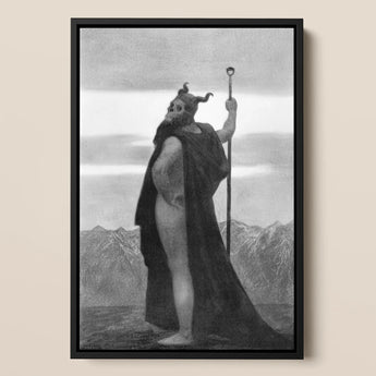 Death - Sascha Schneider Art Print / Canvas Black-framed Black-and-white Artwork Horned Bearded Figure Dark Cloak, Shapes Mortality,