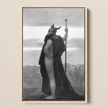 Death - Sascha Schneider Art Print / Canvas Black-and-white Framed Artwork Horned Cloaked Figure Staff Mountainous Sascha Schneider Art,