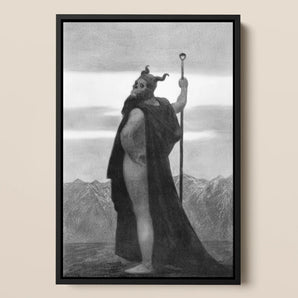 Death - Sascha Schneider Framed Canvas, 12x18’’ / 31x46cm / Black Floating Frame, Framed Black White Print Horned Cloaked Figure Staff