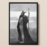 Death - Sascha Schneider Framed Canvas, 12x18’’ / 31x46cm / Black Floating Frame, Framed Black White Print Horned Cloaked Figure Staff