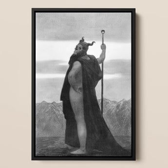 Death - Sascha Schneider Framed Canvas, 12x18’’ / 31x46cm / Black Floating Frame, Framed Black White Print Horned Cloaked Figure Staff