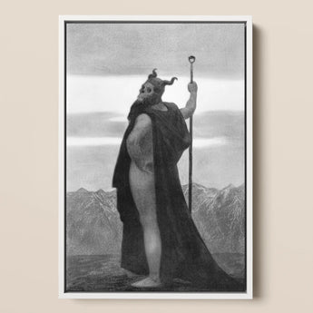 Death - Sascha Schneider Framed Canvas, 12x18’’ / 31x46cm / White Floating Frame, Black White Painting Horned Figure Staff