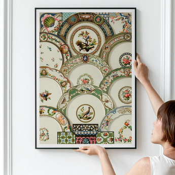 Decorative Plates - Auguste Racinet Illustrated Art Print, Framed Vintage Print Decorative China Plate Patterns Birds