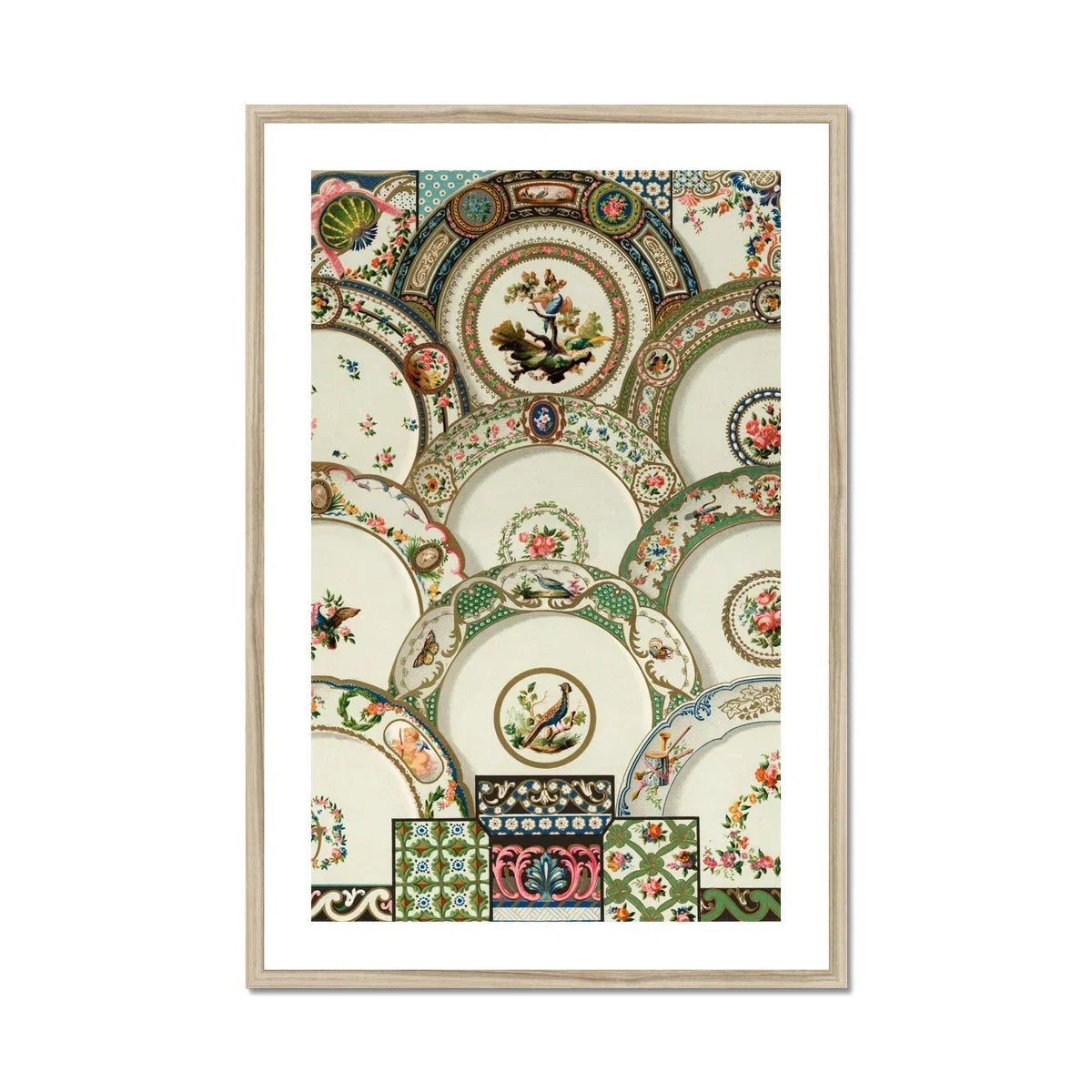Decorative Plates - Auguste Racinet Illustrated Art Print, Ornate Decorative Plates Floral Patterns Bird Motifs Arranged