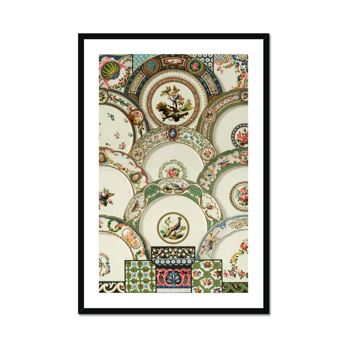 Decorative Plates - Auguste Racinet Illustrated Art Print, Ornate Decorative Plates Floral Patterns Bird Motifs Arranged