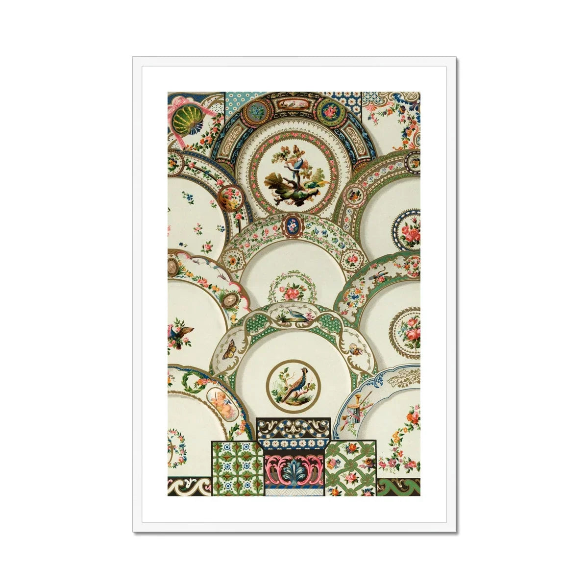 Decorative Plates Auguste Racinet Illustrated Art Print, Ornate Decorative Plates Floral Patterns Bird Motifs Arranged