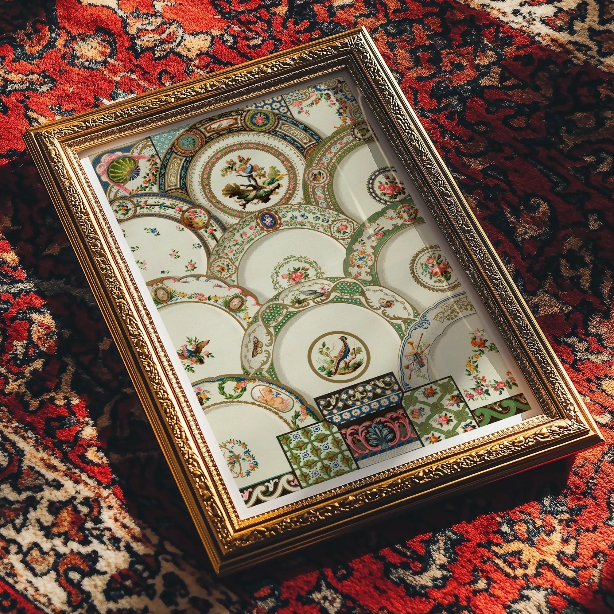 Decorative Plates - Auguste Racinet Illustrated Art Print, Ornate Gold-framed Display Vintage Decorative Plates Floral Bird