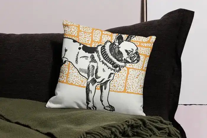 Decorative throw pillow featuring a T-Rex dinosaur skeleton design in black and orange.