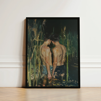 Black-framed Artwork Two Shirtless Men Tall Green Reeds Gay Asian Lovers, Art Print, Small Harbor