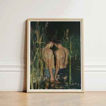 Framed Artwork Two Shirtless Men Close Tall Green Gay Asian Lovers, Art Print, Small Harbor