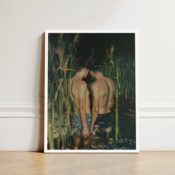 White-framed Artwork Two Shirtless Men Tall Green Reeds Gay Asian Lovers, Art Print, Small Harbor