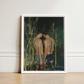 White-framed Artwork Two Shirtless Men Close Tall Dark Gay Asian Lovers, Art Print, Small Harbor