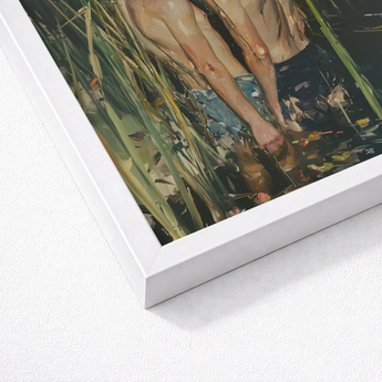 White Framed Painting Two Shirtless Men Tall Green Gay Asian Lovers, Art Print, Small Harbor